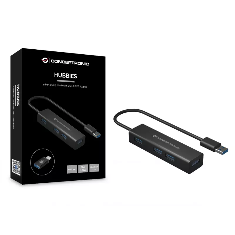 Conceptronic 4 portu USB 3.0 alumīnija centrmezgls ar USB-C uz USB-A adapteri