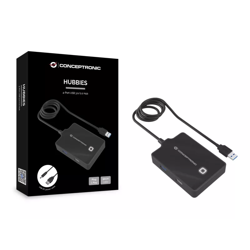 Conceptronic HUBBIES 4 portu USB 3.0/2.0 centrāle, 90 cm kabelis, USB 3.2 Gen 1 (3.1 Gen 1) Type-A, melns, USB 2.0, USB 3.2 Gen 1 (3.1 Gen 1) Type-A, Ķīna, 87 mm, 55 mm