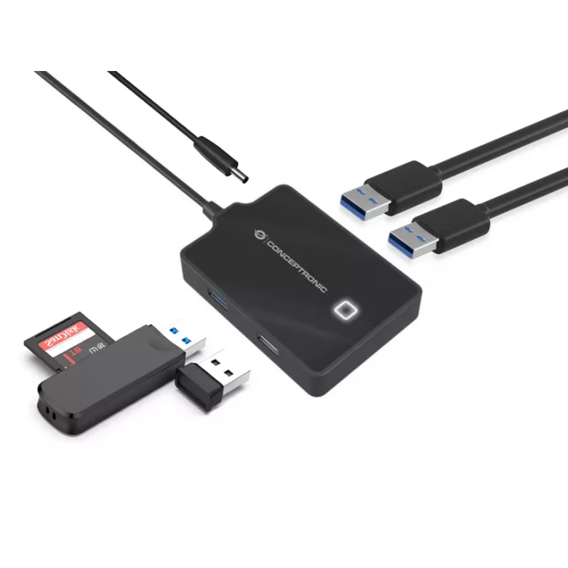 Conceptronic HUBBIES 4 portu USB 3.0/2.0 centrāle, 90 cm kabelis, USB 3.2 Gen 1 (3.1 Gen 1) Type-A, melns, USB 2.0, USB 3.2 Gen 1 (3.1 Gen 1) Type-A, Ķīna, 87 mm, 55 mm