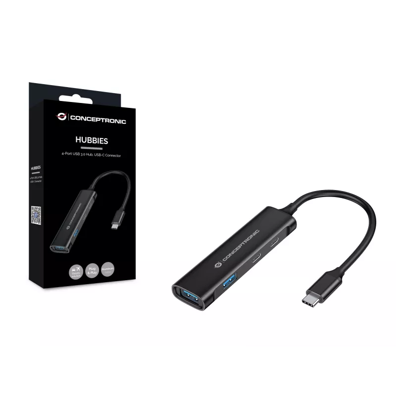 Conceptronic HUBBIES 4 portu USB 3.0 centrmezgls, 2 USB-C un 2 USB-A pieslēgvietas, alumīnija korpuss, USB-C savienotājs