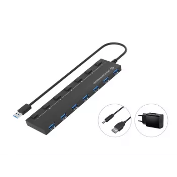 Conceptronic HUBBIES19BP 7 portu USB 3.0 centrmezgls ar strāvas adapteri, 90 cm kabeli, individuāliem strāvas slēdžiem, USB 3.2 Gen 1