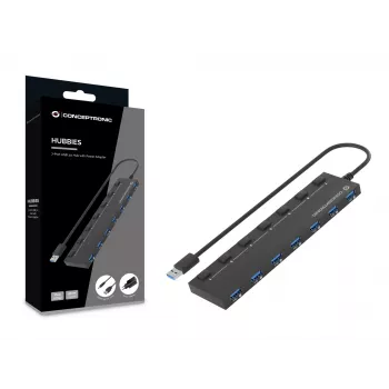 Conceptronic HUBBIES19BP 7 portu USB 3.0 centrmezgls ar strāvas adapteri, 90 cm kabeli, individuāliem strāvas slēdžiem, USB 3.2 Gen 1