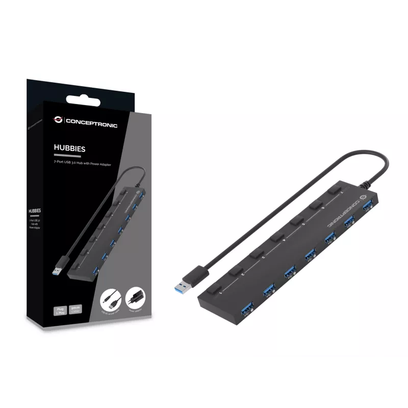 Conceptronic HUBBIES19BP 7 portu USB 3.0 centrmezgls ar strāvas adapteri, 90 cm kabeli, individuāliem strāvas slēdžiem, USB 3.2 Gen 1