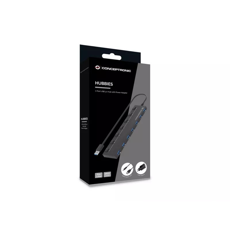 Conceptronic HUBBIES19BP 7 portu USB 3.0 centrmezgls ar strāvas adapteri, 90 cm kabeli, individuāliem strāvas slēdžiem, USB 3.2 Gen 1