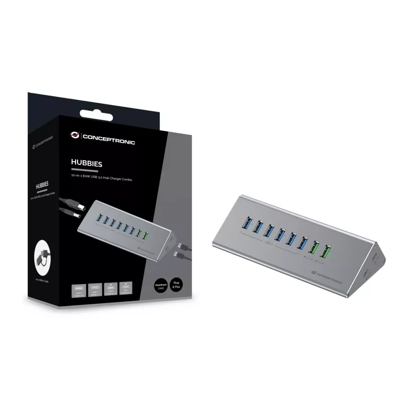 Conceptronic HUBBIES18G 10-in-1 60W USB 3.0 Hub Charger Combo, 2-in-1 USB-C USB-A kabelis, USB 3.2 Gen 1