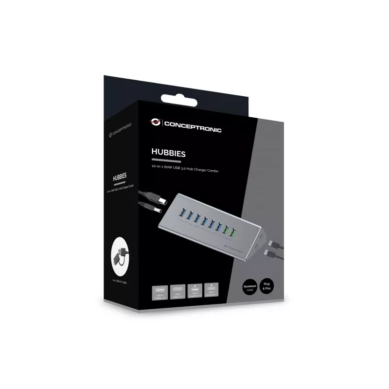 Conceptronic HUBBIES18G 10-in-1 60W USB 3.0 Hub Charger Combo, 2-in-1 USB-C USB-A kabelis, USB 3.2 Gen 1