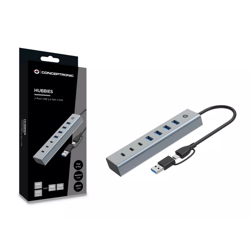 Conceptronic HUBBIES20G 7 portu USB 3.0 centrmezgls, 5 Gb/s, USB-C x 3, USB-A x 4