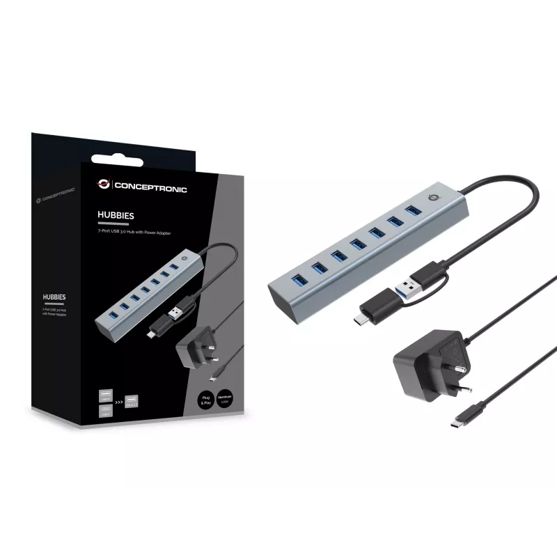 Conceptronic HUBBIES21GP 7 portu USB 3.0 centrmezgls ar strāvas adapteri, 5 Gbps, USB-A x 7