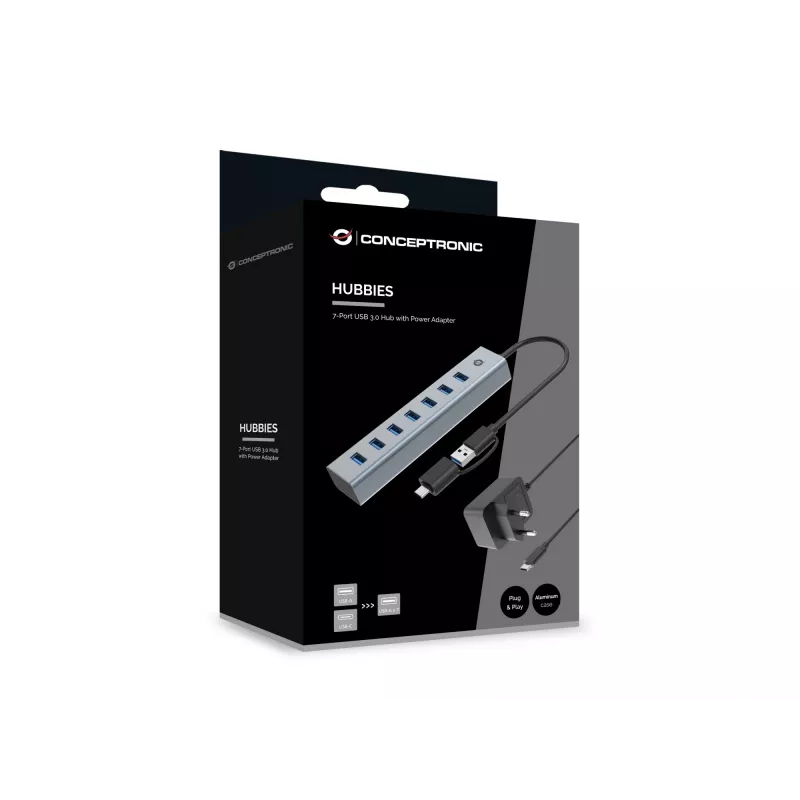 Conceptronic HUBBIES21GP 7 portu USB 3.0 centrmezgls ar strāvas adapteri, 5 Gbps, USB-A x 7