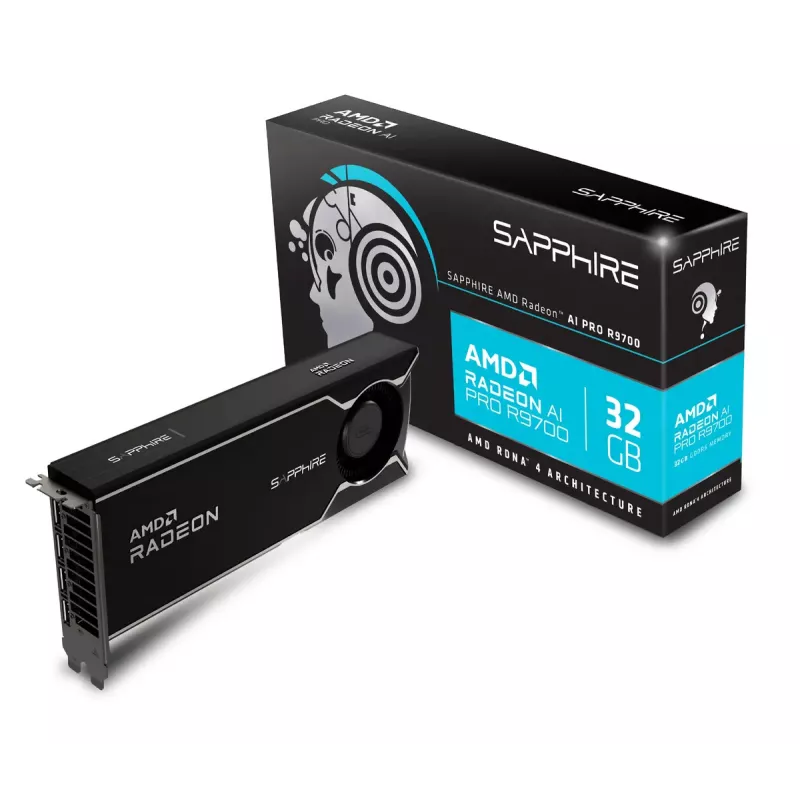 Grafikas karte Sapphire Radeon AI PRO R9700 — 32 GB GDDR6, 256 bitu, PCIe 5.0, aktīvā dzesēšana (1 ventilators)