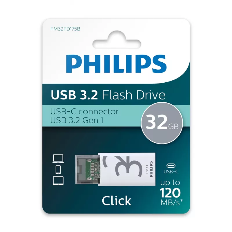 Philips Click USB zibatmiņa 32 GB USB Type-C 3.2 Gen 1 (3.1 Gen 1) Caurspīdīga, Balta