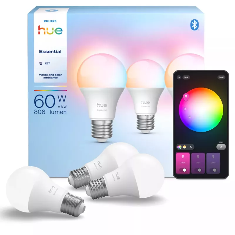 Philips Hue balta and colour ambience Essential A60 – E27 viedā spuldze – 806 lm – 8 W – 3 gab. iepakojumā