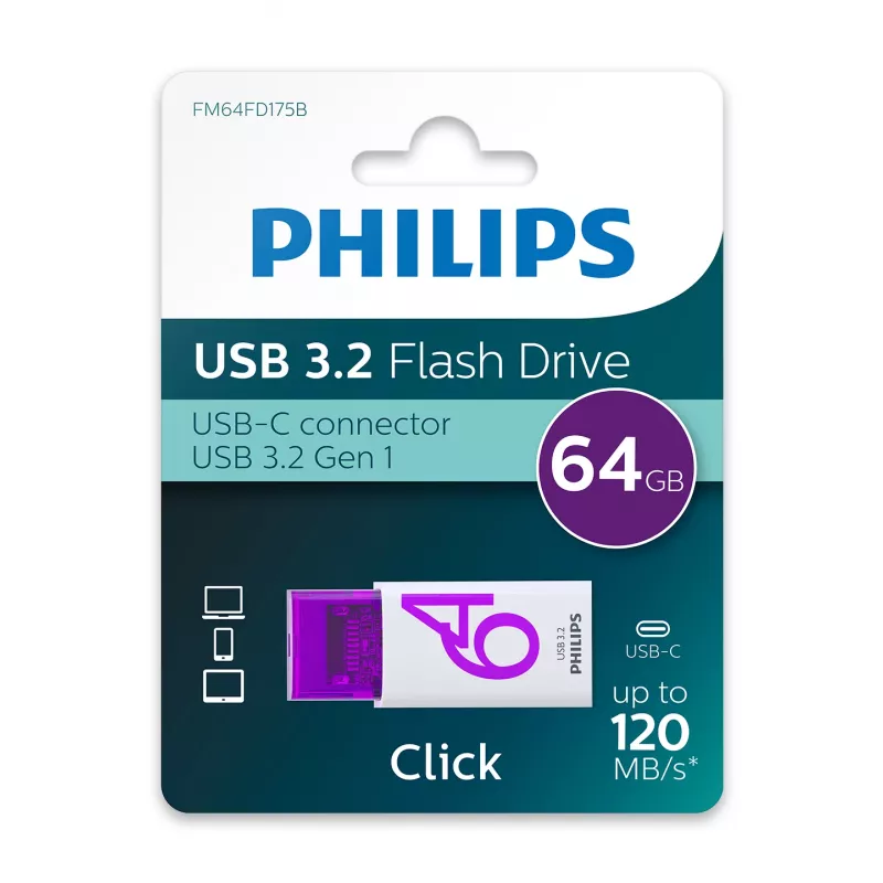 Philips Click USB zibatmiņa 64 GB USB Type-C 3.2 Gen 1 (3.1 Gen 1) violeta, balta