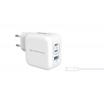 Conceptronic 3 portu 67 W GaN USB PD lādētājs ar USB-C uzlādes kabeli, USB-C x 2, USB-A x 1, QC 3.0, PPS