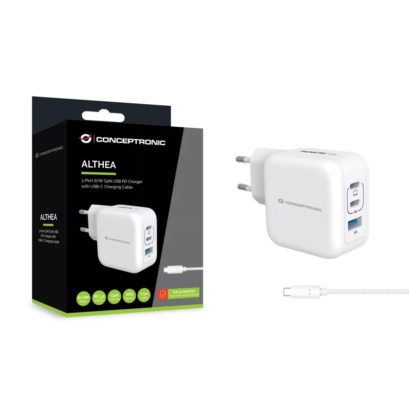 Conceptronic 3 portu 67 W GaN USB PD lādētājs ar USB-C uzlādes kabeli, USB-C x 2, USB-A x 1, QC 3.0, PPS