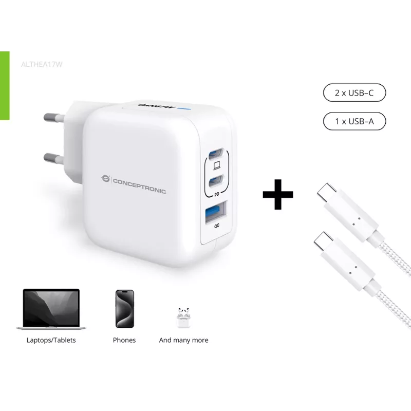 Conceptronic 3 portu 67 W GaN USB PD lādētājs ar USB-C uzlādes kabeli, USB-C x 2, USB-A x 1, QC 3.0, PPS