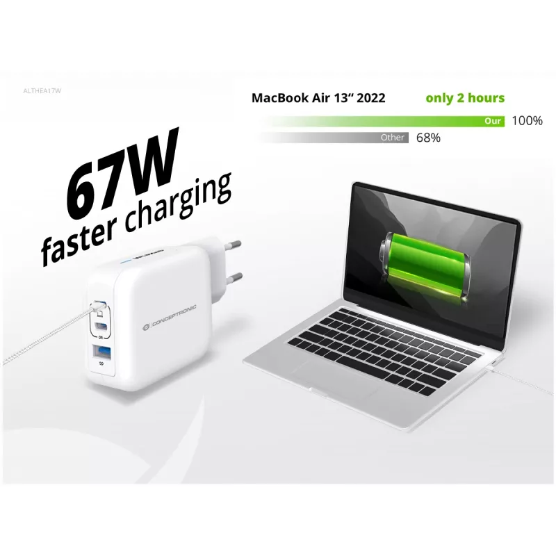 Conceptronic 3 portu 67 W GaN USB PD lādētājs ar USB-C uzlādes kabeli, USB-C x 2, USB-A x 1, QC 3.0, PPS