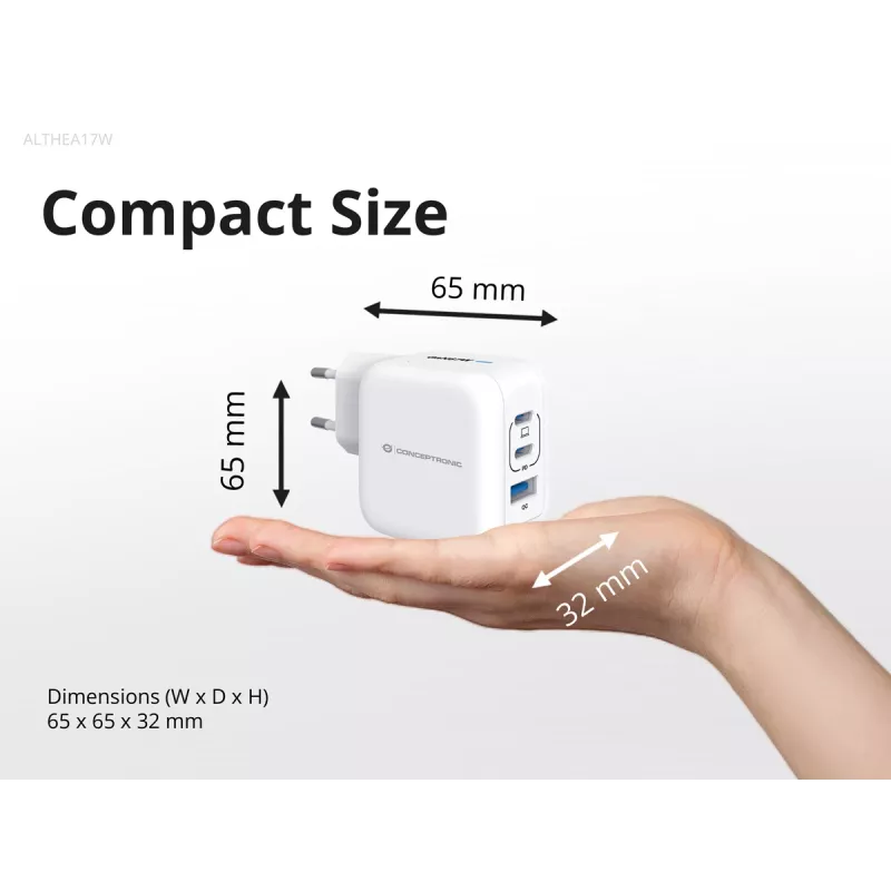Conceptronic 3 portu 67 W GaN USB PD lādētājs ar USB-C uzlādes kabeli, USB-C x 2, USB-A x 1, QC 3.0, PPS