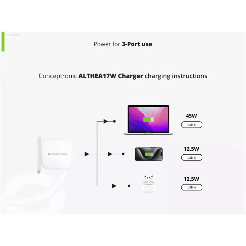 Conceptronic 3 portu 67 W GaN USB PD lādētājs ar USB-C uzlādes kabeli, USB-C x 2, USB-A x 1, QC 3.0, PPS