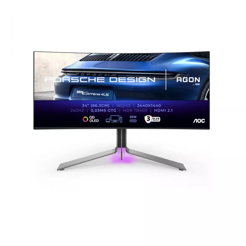 AOC Porsche PD34 datora monitors 86,4 cm (34 colli) 3440 x 1440 pikseļi Wide Quad HD QD-OLED Melns