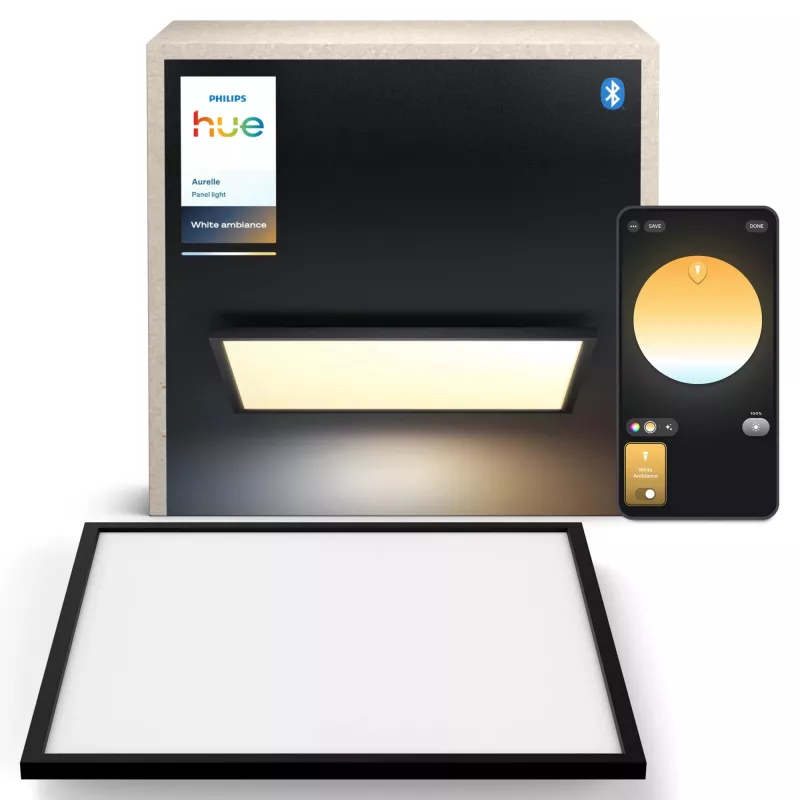 Philips Hue Aurelle Square Panel 600×600 mm viedā griestu gaisma, Bluetooth, 220–240 V, 48 mm dziļums, melna/balta