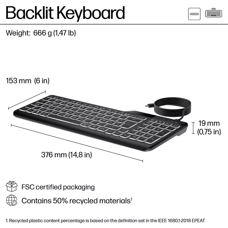 HP 400 Backlit vadu tastatūra pilna izmēra USB melna