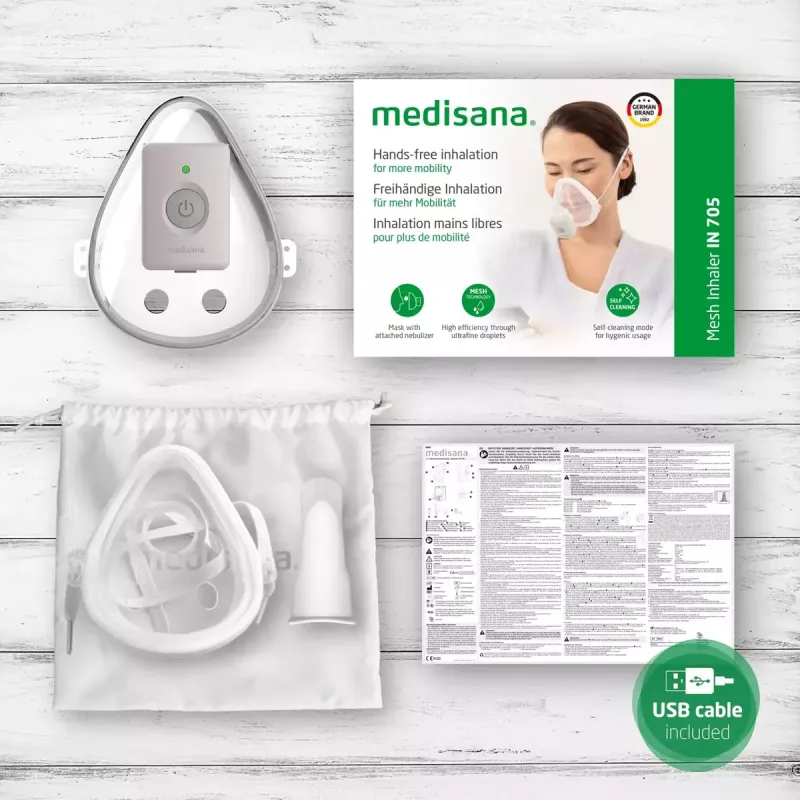 Deguna inhalators Medisana IN 705, darbināms ar baterijām, nepārtraukts režīms, pelēks/baltss, 54×44×36 mm, 45 g