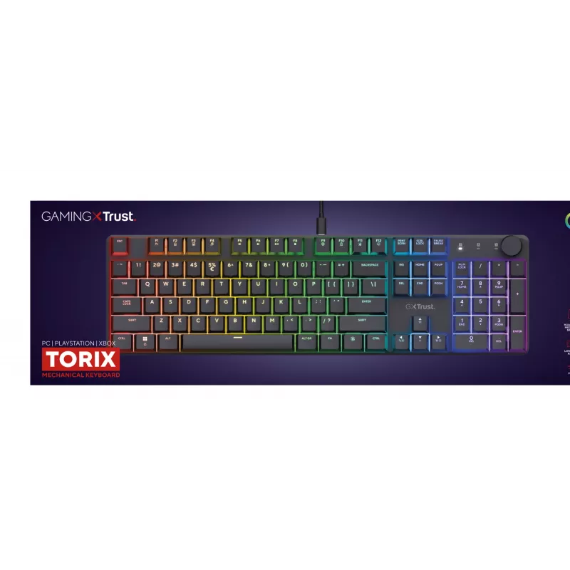 Mehāniskā spēļu tastatūra TRUST GXT 866 TORIX USB pilnizmēra 104 taustiņi QWERTY melna RGB
