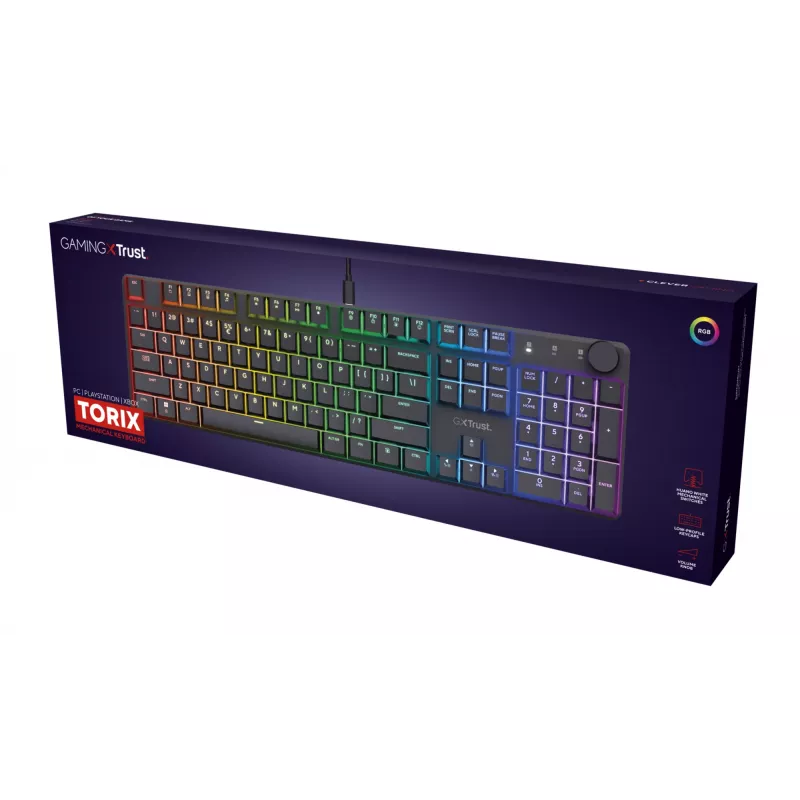 Mehāniskā spēļu tastatūra TRUST GXT 866 TORIX USB pilnizmēra 104 taustiņi QWERTY melna RGB