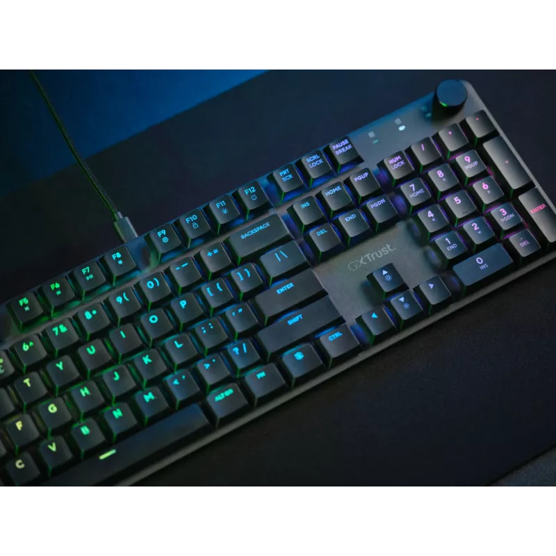 Mehāniskā spēļu tastatūra TRUST GXT 866 TORIX USB pilnizmēra 104 taustiņi QWERTY melna RGB