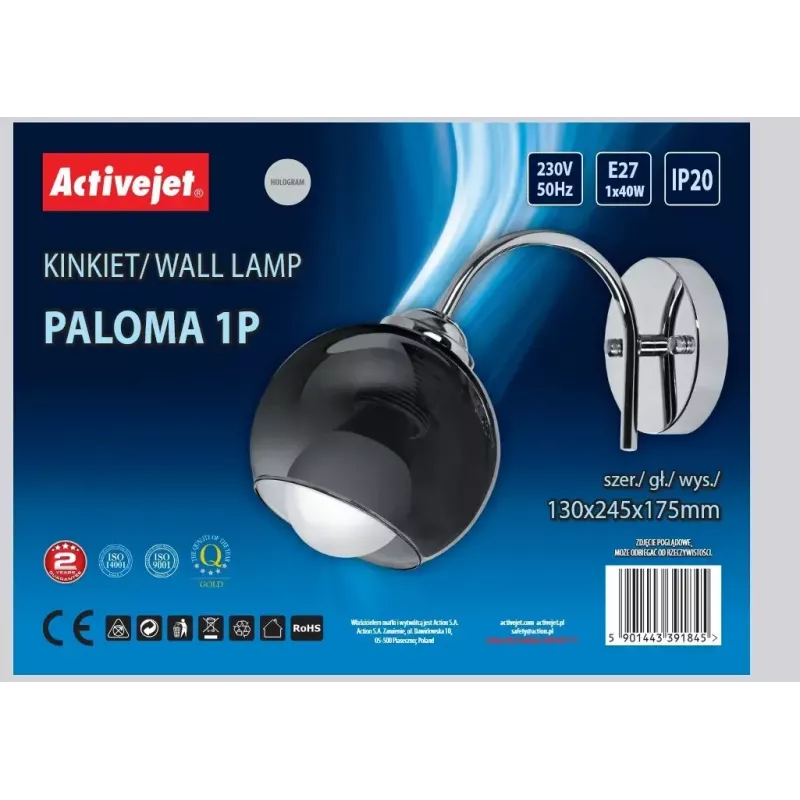 Sienas gaismeklis ActiveJet AJE-PALOMA 1P — viena spuldzes E27 sienas lampa, 1x40W, sudraba ar melnu stiklu