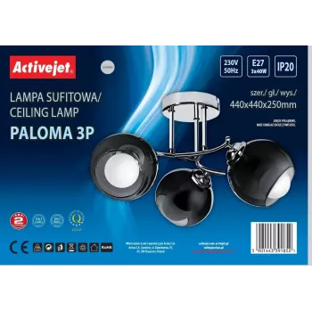 Piekarams gaismeklis ActiveJet AJE-PALOMA 3P E27, 3×40W, montāža pie griestiem, sudrabots, IP20, 440×250 mm