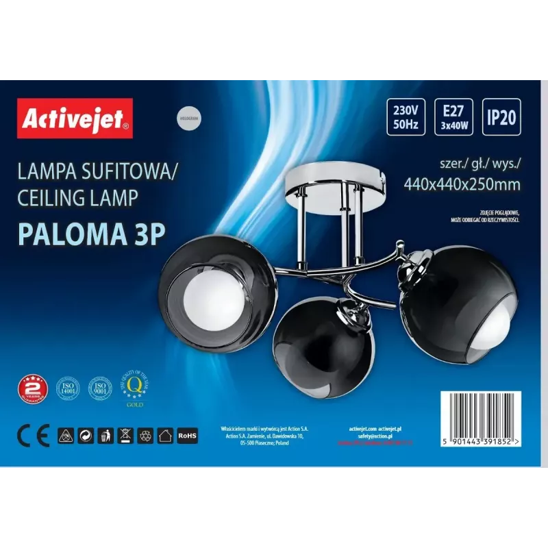 Piekarams gaismeklis ActiveJet AJE-PALOMA 3P E27, 3×40W, montāža pie griestiem, sudrabots, IP20, 440×250 mm