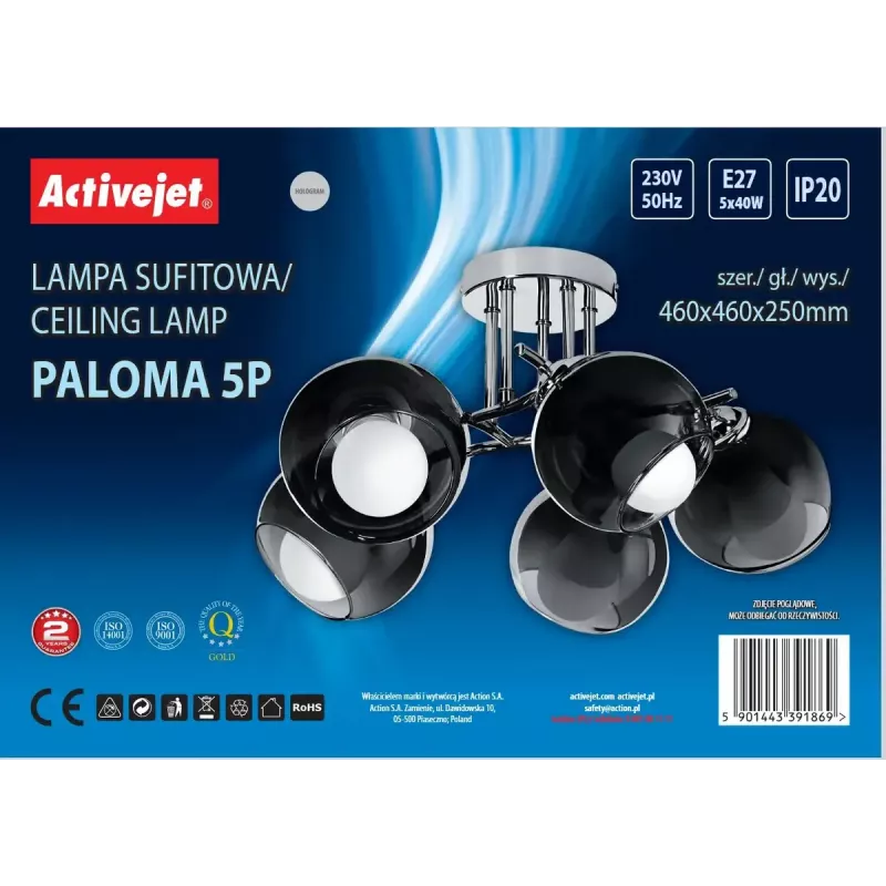 Piekarama lampa ActiveJet AJE-PALOMA 5P, 5×E27 40W, sudraba rāmis, melns stikls, IP20, 460×250×460 mm
