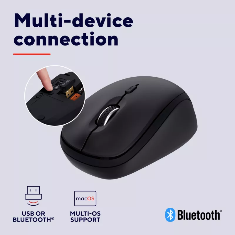 Trust Yvi+ pele universāla, piemērota abām rokām, RF bezvadu + Bluetooth, optiska, 1600 DPI