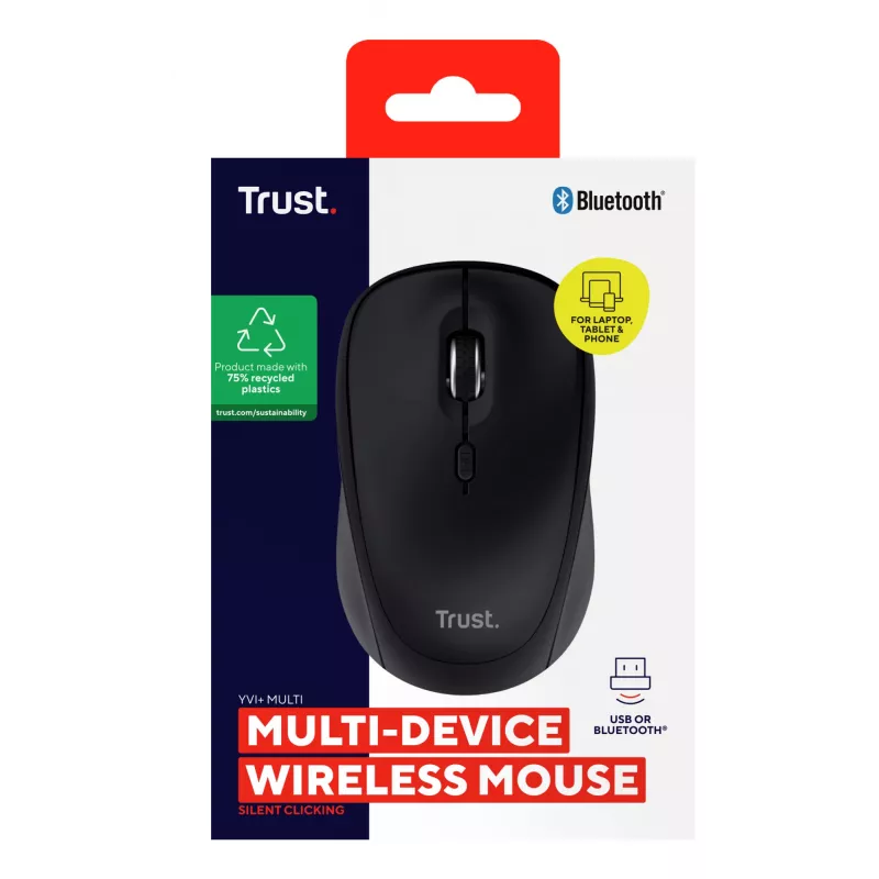 Trust Yvi+ pele universāla, piemērota abām rokām, RF bezvadu + Bluetooth, optiska, 1600 DPI