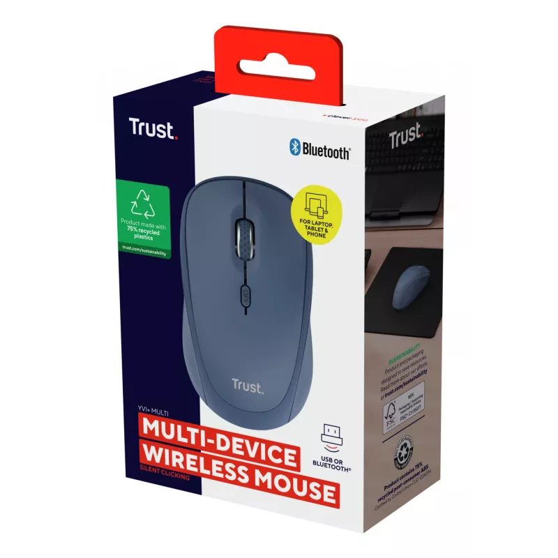 Trust Yvi+ pele Universāla Piemērota abām rokām RF Bezvadu + Bluetooth Optiskā 1600 DPI