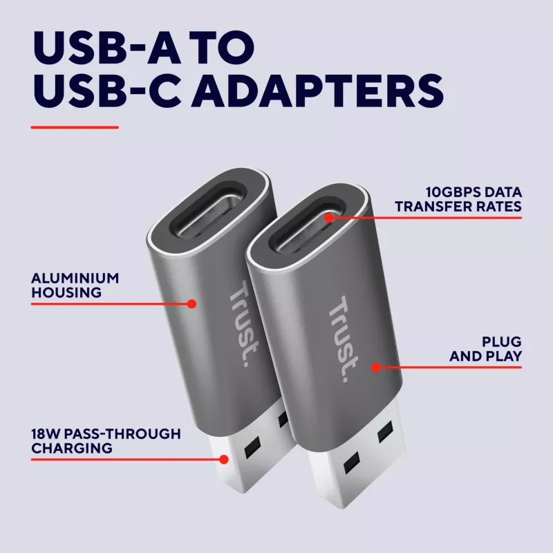 Trust Calyx USB Type-C USB Type-A pelēks savienotājs 1 USB Type-C savienotājs 2 USB Type-A