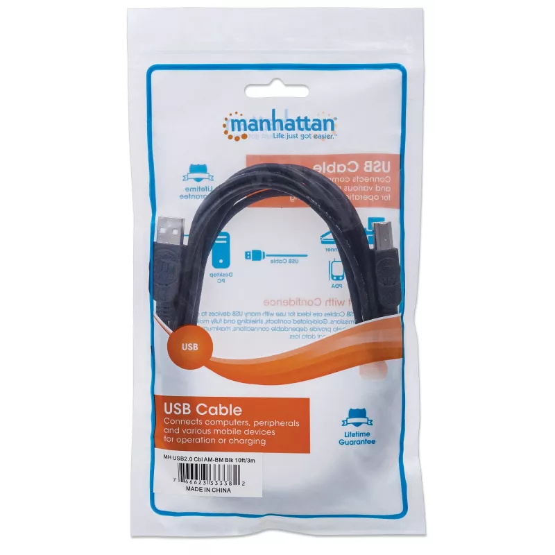 Manhattan USB-A uz USB-B kabelis, 3 m, vīrišķais uz vīrišķo, 480 Mb/s (USB 2.0), Hi-Speed USB, melns, mūža garantija, ekvivalents USB2HAB3M.