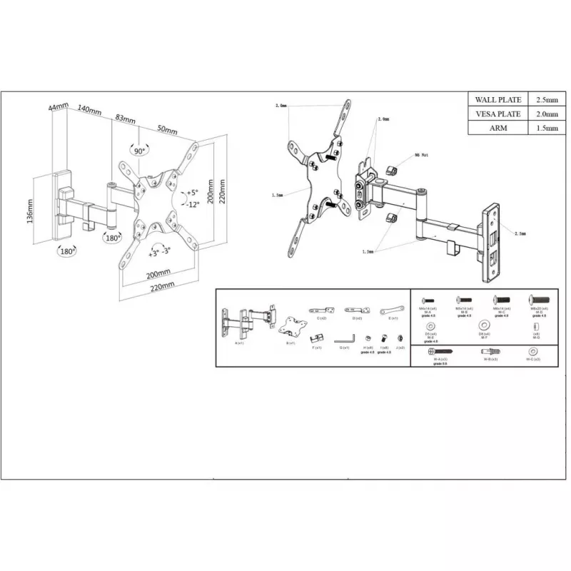 Manhattan sienas stiprinājums televizoriem un monitoriem (pilnas kustības), ekrāniem no 13 collām līdz 42 collām, VESA saderība: visi no 75x75 mm līdz 200x200 mm - pārbaudiet četru montāžas caurumu izmērus ekrāna aizmugurē, lai pārliecinātos, ka tas der, maks. 20 kg, melns, kronšteins