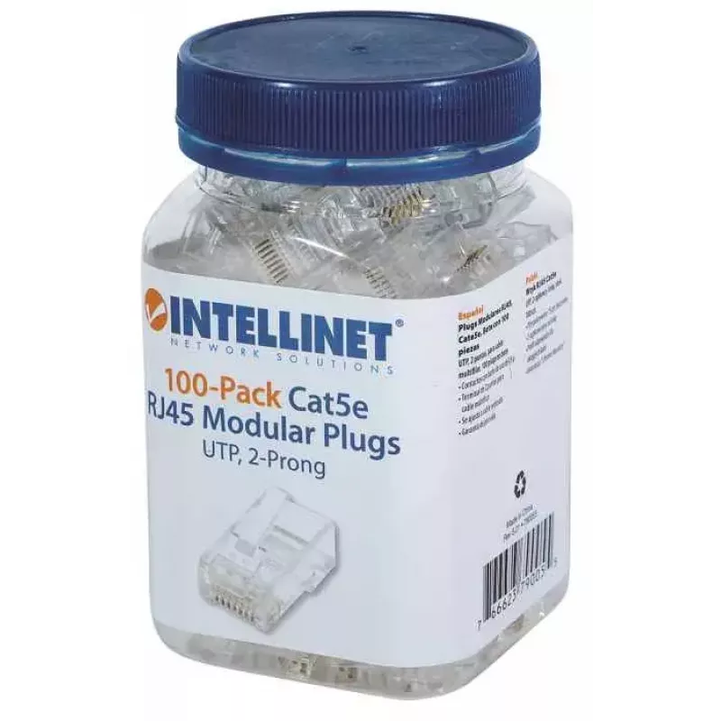 Intellinet RJ45 moduļu spraudņi, Cat5e, UTP, 2-kontaktu, vītai stieplei, 15 µ zelta pārklājuma kontakti, 100 gab. iepakojumā