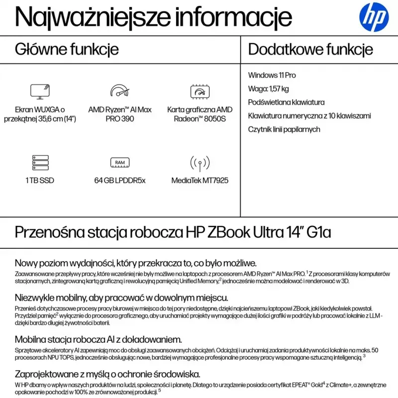 Mobilā darbstacija HP ZBook Ultra 14 G1a — 14,0 collu WUXGA IPS 400 nits, AMD Ryzen AI Max PRO 390, 64GB LPDDR5x-8533, 1TB SSD, Radeon 8050S