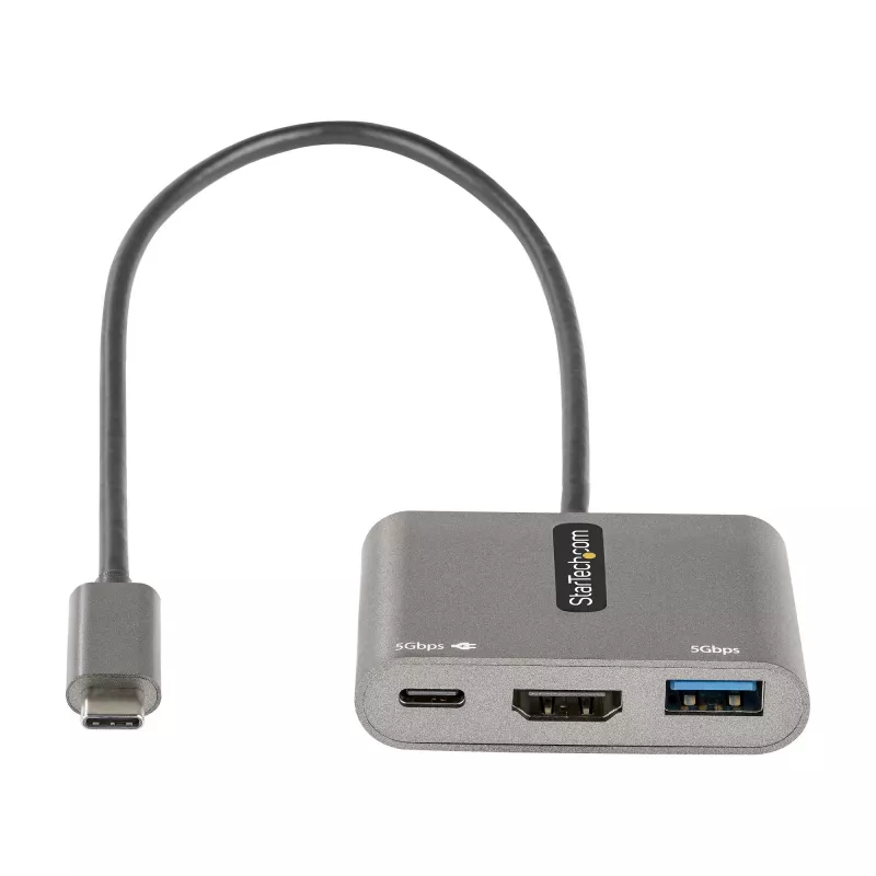 StarTech.com USB-C daudzportu adapteris, USB-C uz HDMI 4K video, 100W PD caurlaide, USB 3.0 centrmezgls 5Gbps (1xType-C/1xA), USB-C mini doks, USB-C ceļojumu doks, portatīvā klēpjdatora dokstacija