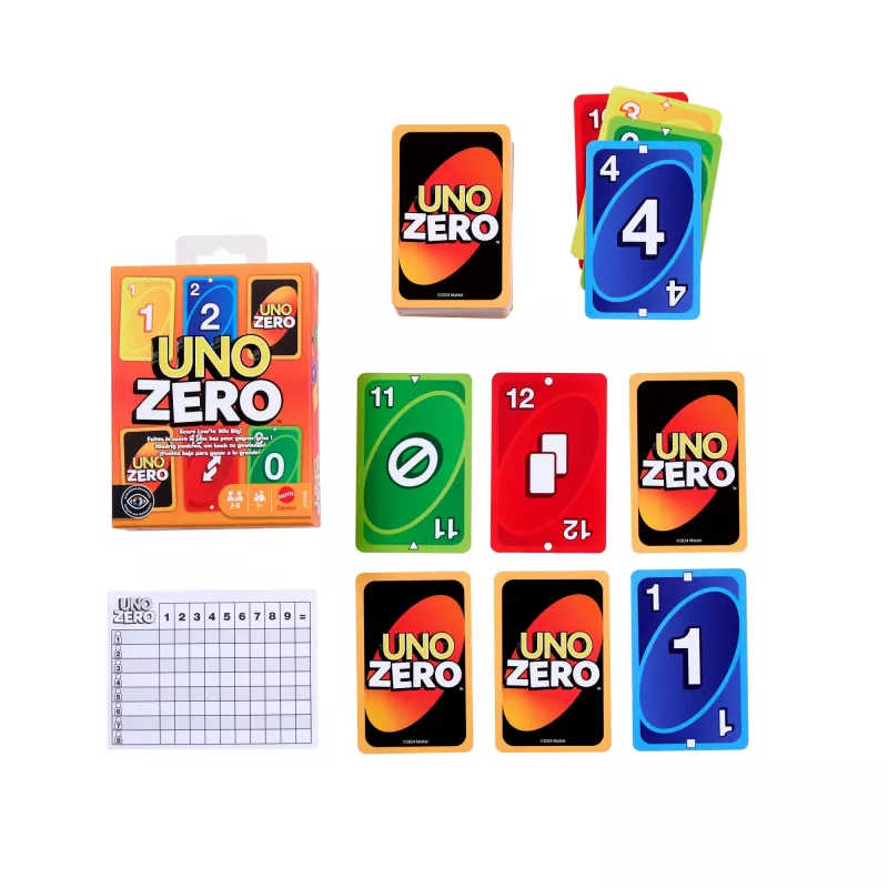 Kāršu spēle MATTEL UNO Zero — izmešanas kāršu spēle, vecums 7+, ietver kavu un rezultātu lapu