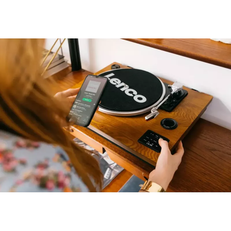 Siksnas piedziņas audio atskaņotājs Lenco LS-55WA, koka krāsā, pusautomātisks, USB un Bluetooth