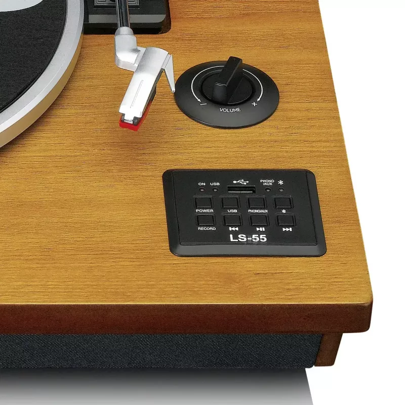 Siksnas piedziņas audio atskaņotājs Lenco LS-55WA, koka krāsā, pusautomātisks, USB un Bluetooth