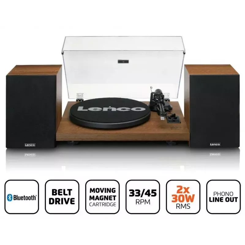 Atskaņotājs Lenco LS-480WD ar iebūvētu pastiprinātāju, Bluetooth, siksnas piedziņu, 33/45 RPM, 2×30W RMS, koka skaļruņi