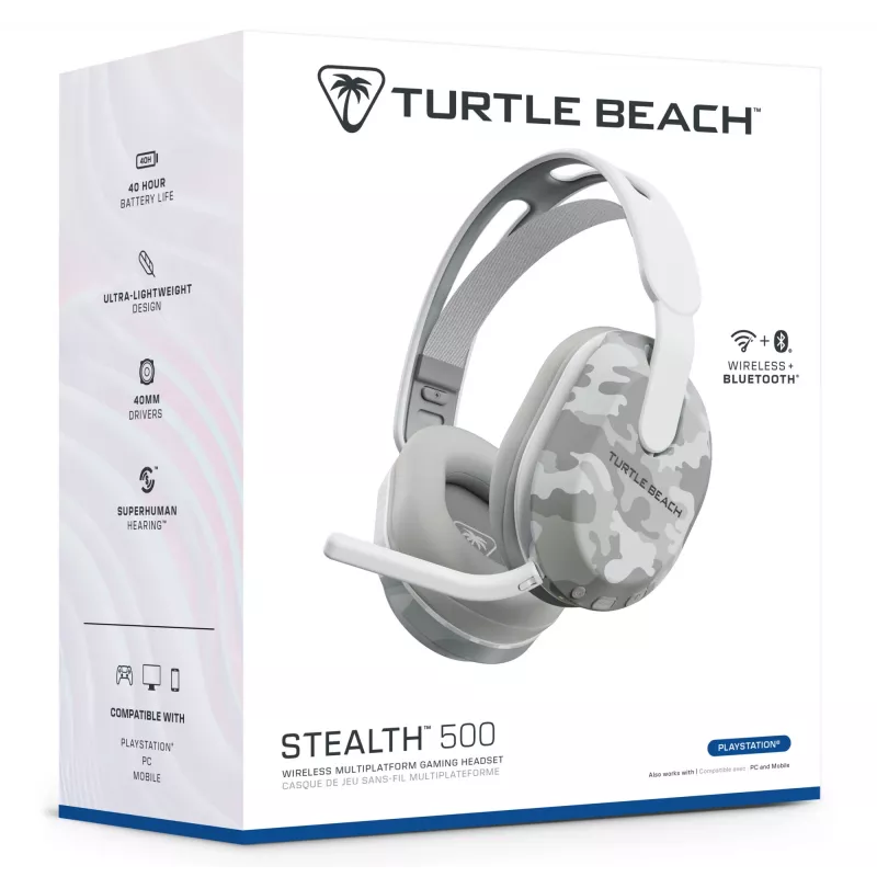 Turtle Beach Stealth 500 Arctic Camo PlayStation bezvadu spēļu austiņas ar līdz 40 stundu akumulatoru un Bluetooth, paredzētas PS5, PS4, PC un mobilajām ierīcēm