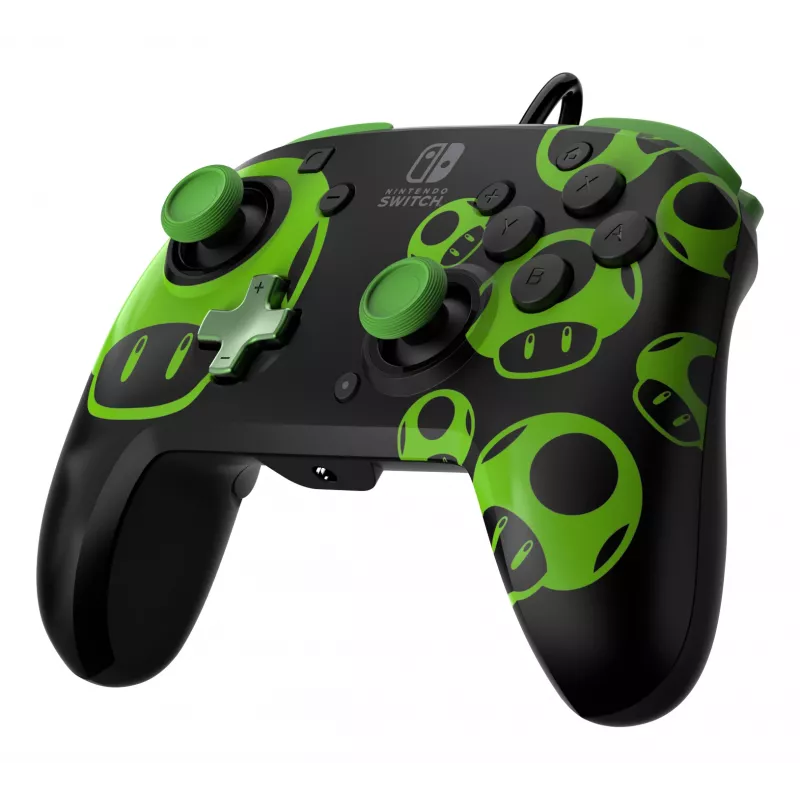 Gamepad PDP REMATCH Wired Controller 1-Up Glow in the Dark priekš Nintendo Switch, USB, 3m kabelis, D-pad, Home poga, melns/zaļš