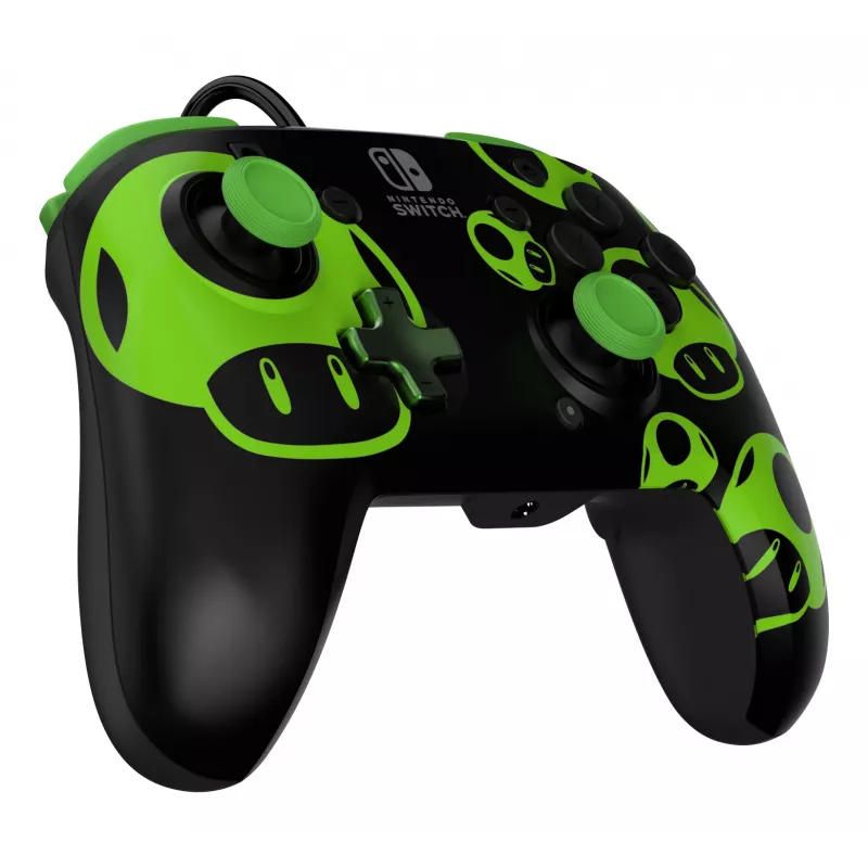 Gamepad PDP REMATCH Wired Controller 1-Up Glow in the Dark priekš Nintendo Switch, USB, 3m kabelis, D-pad, Home poga, melns/zaļš